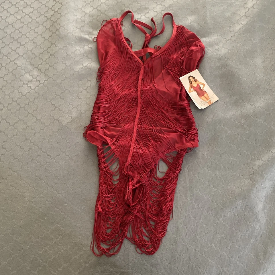 Новый Dreamgirl эластичной спандекс сетки с бретелью через шею плюшевый с ремешками назад средний гранат - Изображение 3 из 4