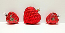 3 Heart Christmas Ornaments; Glass; Hand-painted; 2.5" to 4" Tall; Vintage