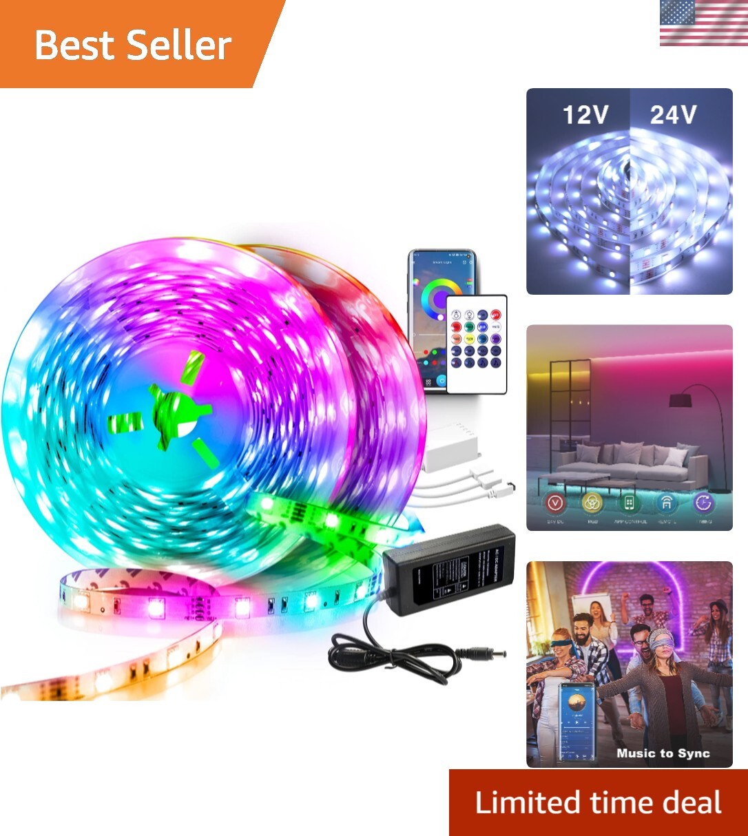 Led Strip Lights 200 FT, RGB App Controlled Bluetooth Led Light Strip Sync wi...