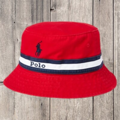Polo Ralph Lauren klassischer Twill-Loft Streifen Baumwolle Fischerhut Gr. L/XL rot neu