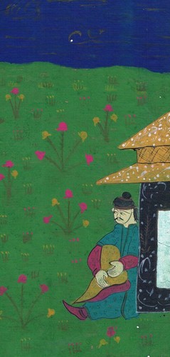 Miniature Painting Of A Man With Hut Sitting In Garden On Paper 4.5x9 Inches - Picture 2 of 6