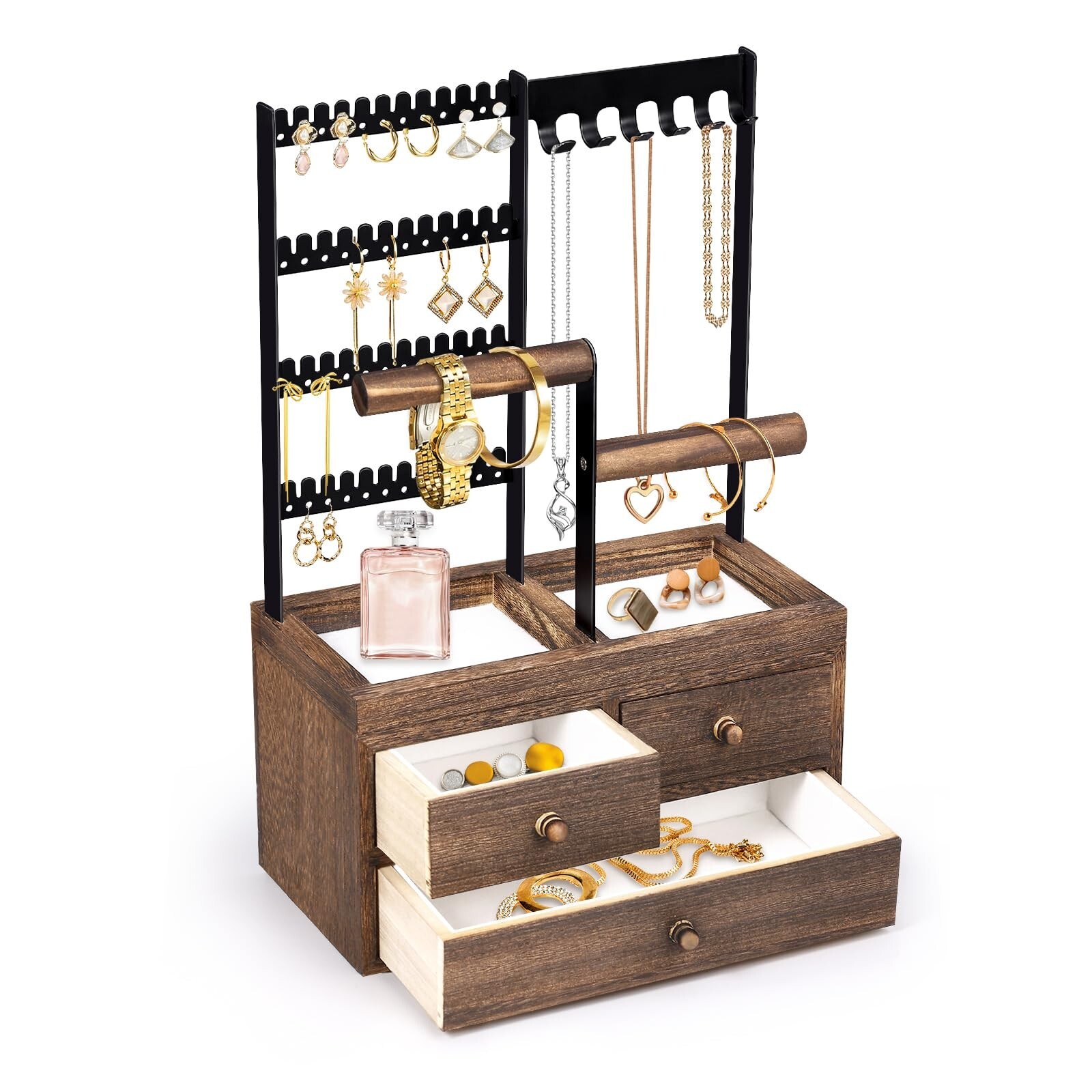 6-Tier Jewelry Tree Stand with 2-Layer Wooden Drawers for Organizing Accessories-image
