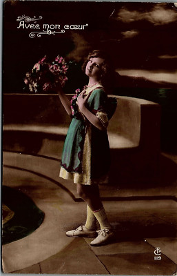 1917 YOUNG GIRL AVEE MON COEUR WITH MY HEART TINTED REAL PHOTO POSTCARD 17-32