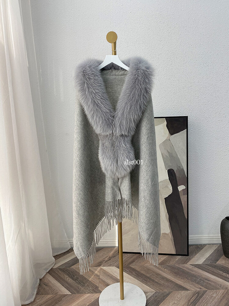 Real Wool Cashmere Ponchos with Fox Fur Collar Cape Womens  display picture 1