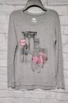 JUSTICE GIRL 12 ROSE GOLD SHIMMER GRAY BICYCLE DOG NEVER STOP LOVING SWEATER TOP - Image 1 of 4