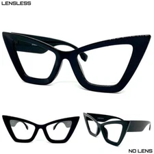 Oversize Retro Cat Eye Lensless Eye Glasses Large Thick Black Frame Only NO Lens