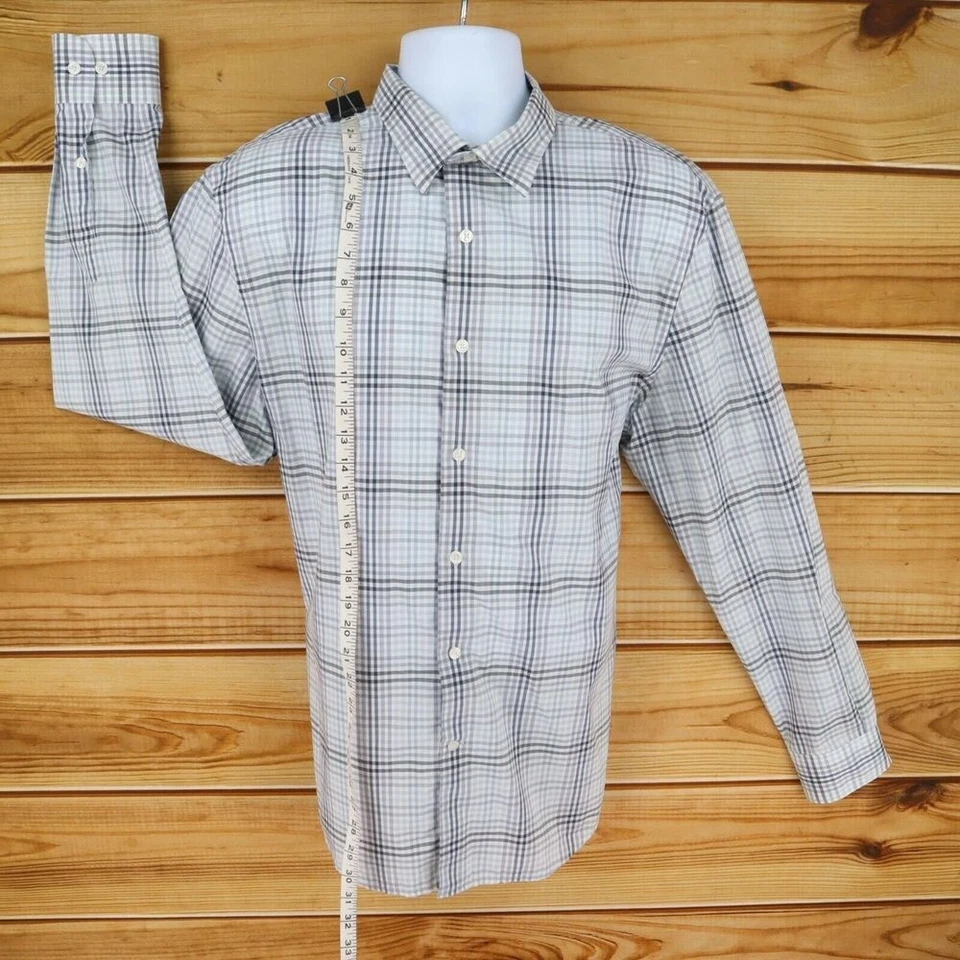 Camisa de vestir Perry Ellis sin planchar para hombre talla XL blanca gris algodón a cuadros manga larga Foto 3 de 4