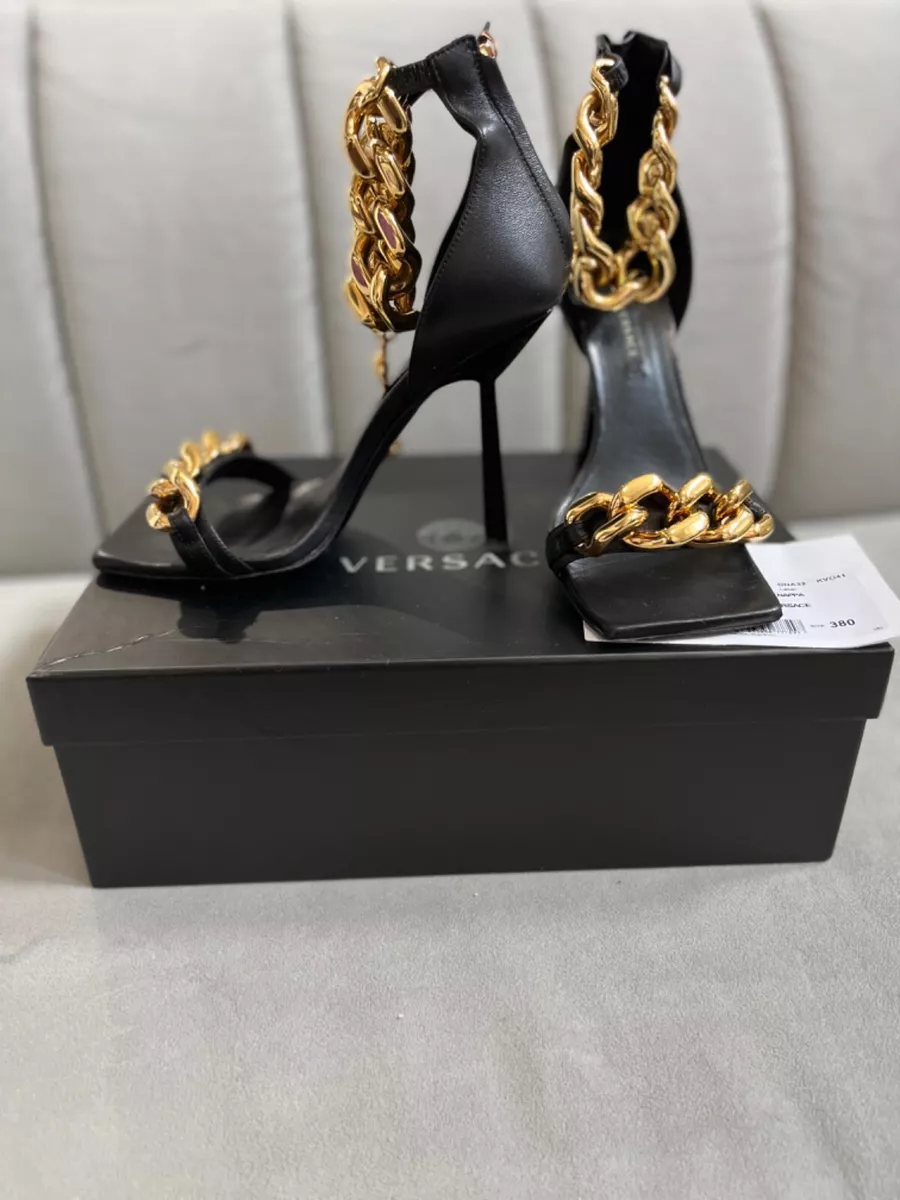 VERSACE Print Heels in Black & Gold | FWRD