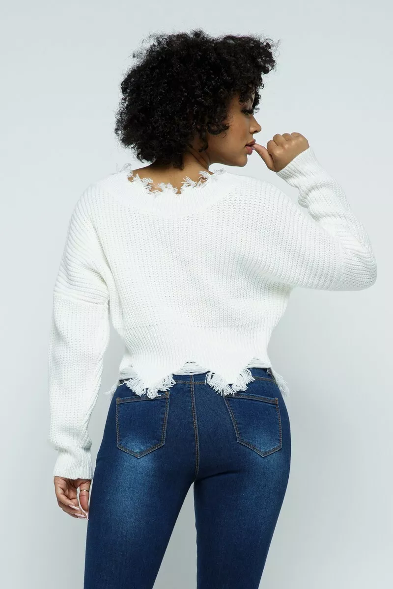 V neck top distressed sweater