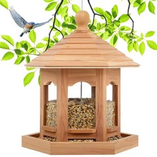 Wooden Bird Feeder Outdoors Hanging Red Cedar Hexagon Shaped Large Capacity New