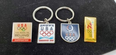 Lot of 4 Vintage & Modern Olympic Pins & Keychains, Atlanta Vancouver Beijing