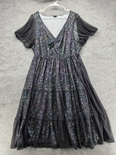 Torrid Dress Womens 4 Black Animal Print Mesh Fit Flare Puff Sleeve Knee Length