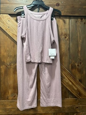 Roudelain 2-Pcs Set Solid Lavender Delicate White Trim Sleeveless Pajama Set L