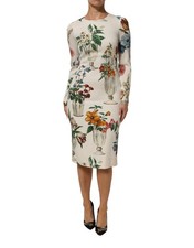 Dolce & Gabbana White Flower Vase Silk Sheath Midi Women's Dress