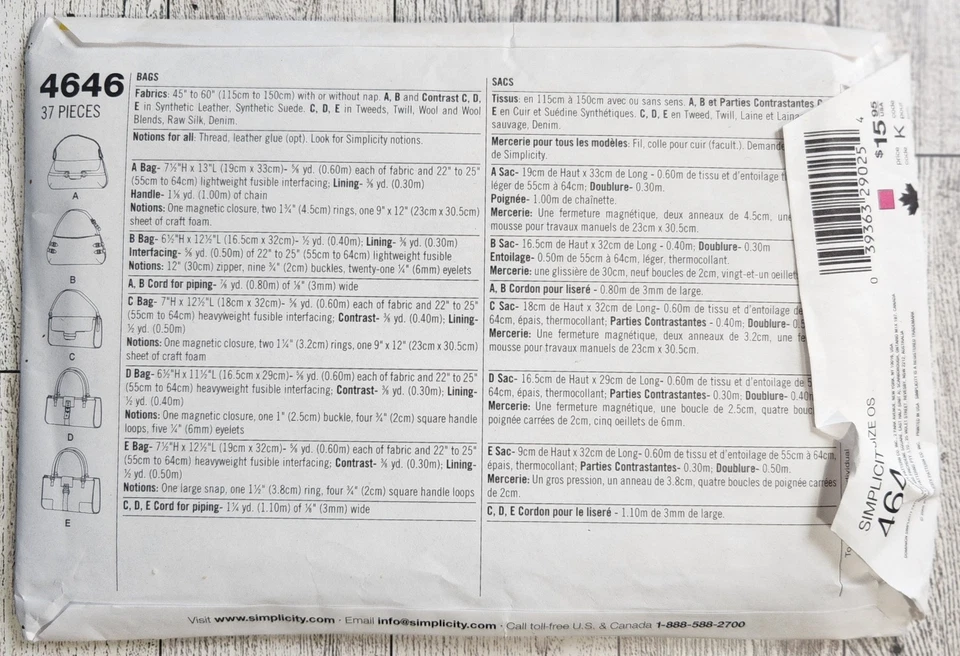 Simplicity 4646 Bags/Purses ~ 5 Designs ~ 2005 ~ New ~ Uncut - Image 2 of 3