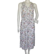 WELL WORN Dress, S, Off-white Linen, Multicolor Floral, Sleeveless, Drawstring
