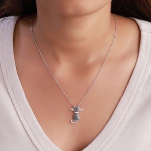 Authentic Real Black Diamond Cat Pendant Necklace 10K White Gold Plated Sterling 18" Rope