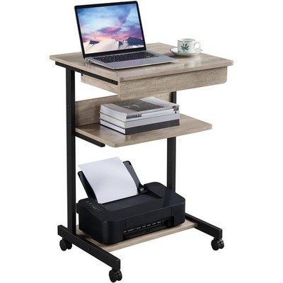 Gray Art Deco Desk, Rolling Computer Desk Cart with Drawer, Small Space Solution