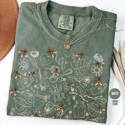 Vintage Bee Botanical T Shirt Honeycomb Doodle Shirt Unique Honey Bees Shirt Bee