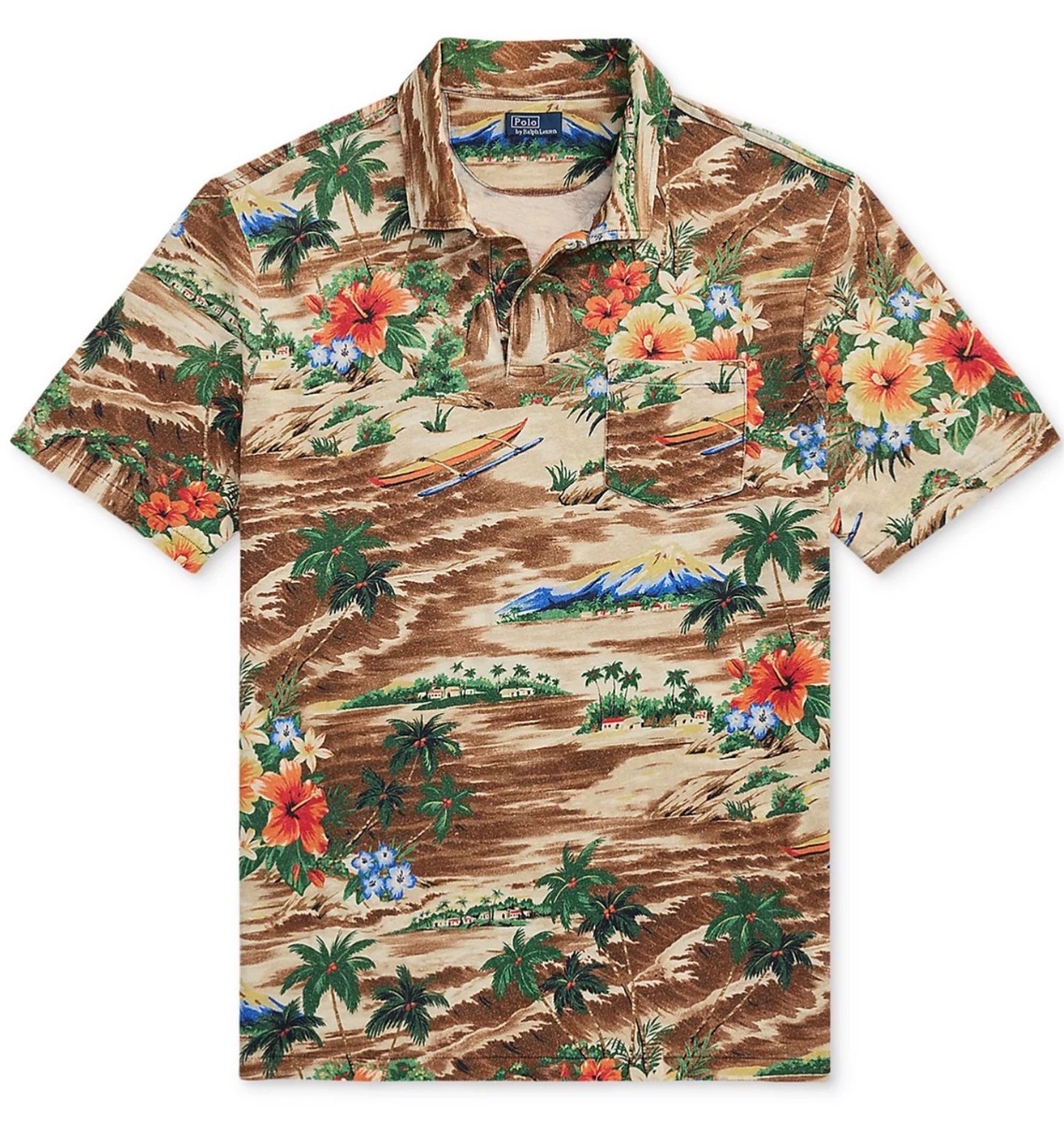 Polo Ralph Lauren Brown TROPICAL PRINT Cotton Linen Blend Collared