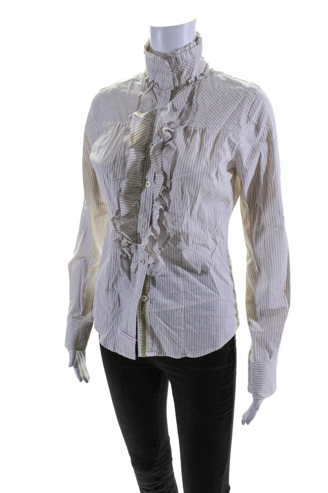 Camisa a Rayas English Laundry Mujer Botón Cuello Frontal Blanco Marrón Pequeña Foto 2 de 4