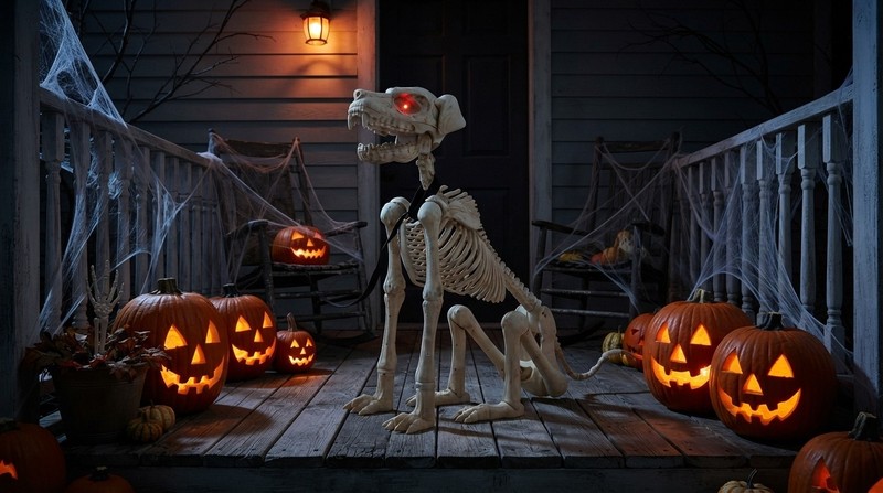 Animated Skeleton Dog Halloween Decoration, Beige, 60 In