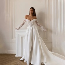 Elegant Satin Wedding Dresses Off Shoulder Lace Sleeves A Line Train Bridal Gown