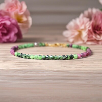 Ruby Zoisite Crystal Gemstone Dainty Bracelet Minimalist 3mm Faceted Beads