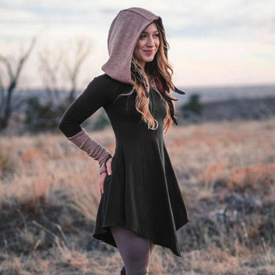 Women Ladies Long Sleeve Hooded Dress 