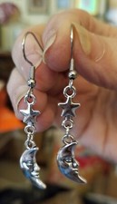 Enchanting Silver Tone Moon Stars Pierced Earrings