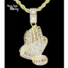 Praying Hands Cz Pendant 14k Gold Plated 24" Rope iced Hip Hop Charm Necklace