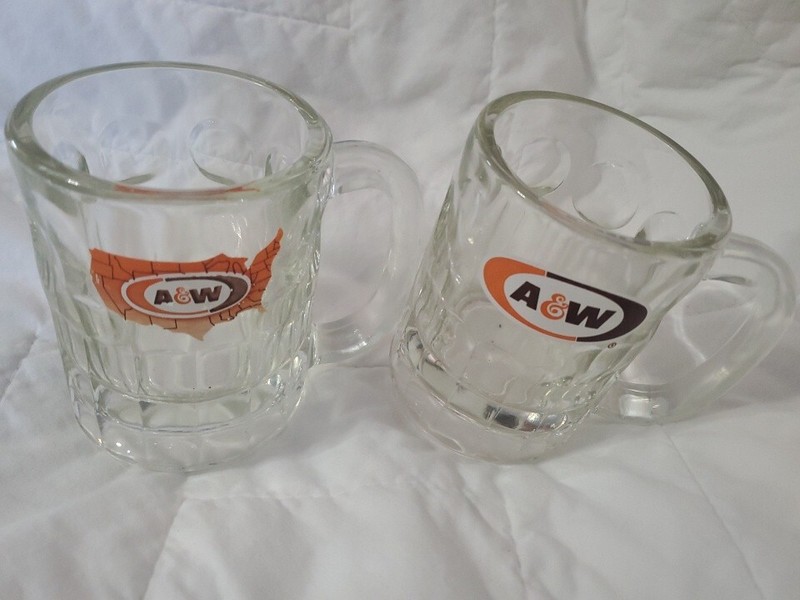 lot of 2, Vintage A&W Logo Large Heavy Glass AW Root Beer Mug 4 1/4 Inch