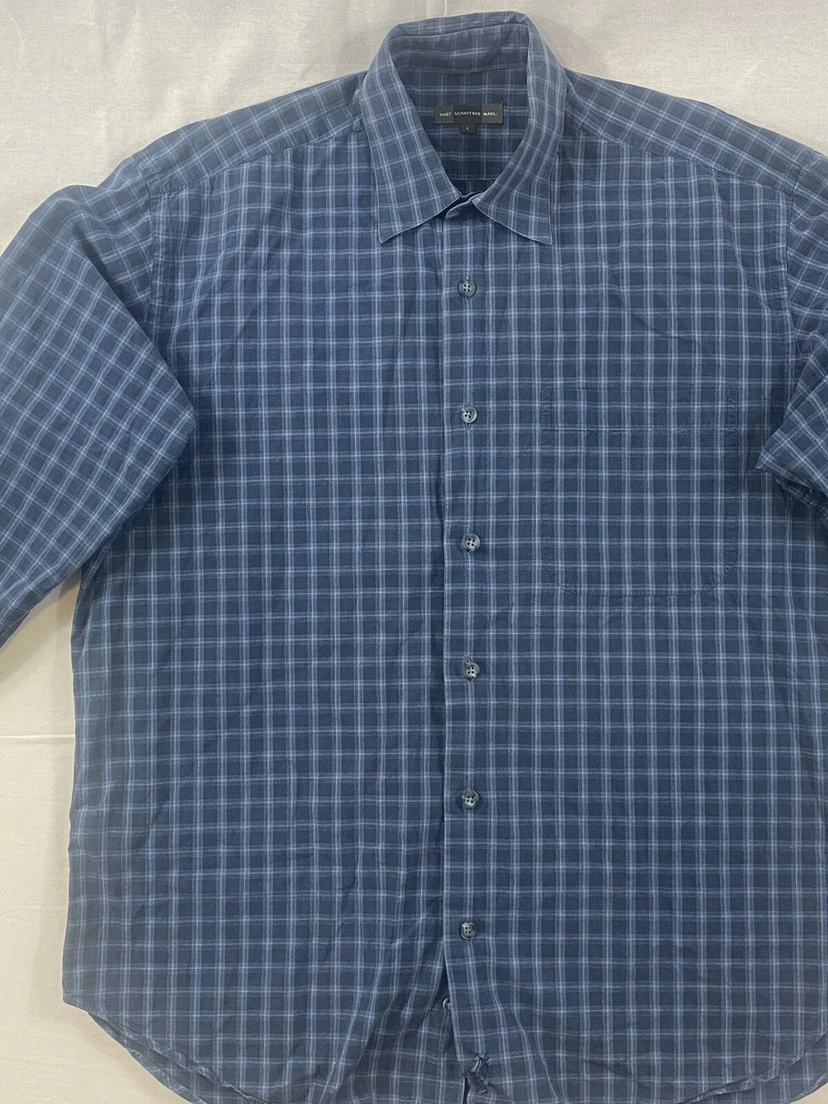 Hart Schaffner & Marx Men's Blue Plaid Cotton Casual Shirt L Large Made in Italy
