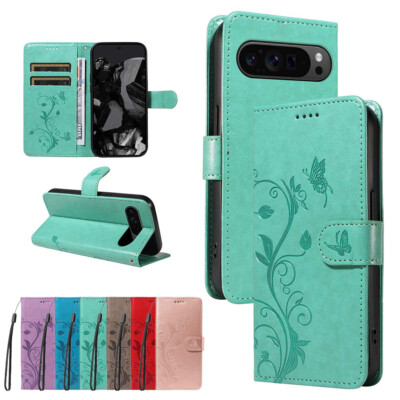 Leder-Hülle Für IPhone 12/12 Pro Mit Schmetterling & Blumen-Motiv – Klappcase Mit Ständer & Kartenfächern (Blau)