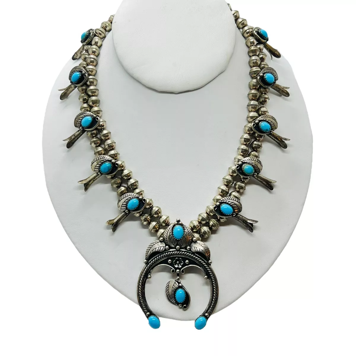 Carolyn Pollack Sterling Silver Naja Turquoise Squash Blossom Necklace 80g 23in