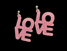 Pink Glittery Valentines Earrings/Silver Tone Studs/  LOVE  Dangle