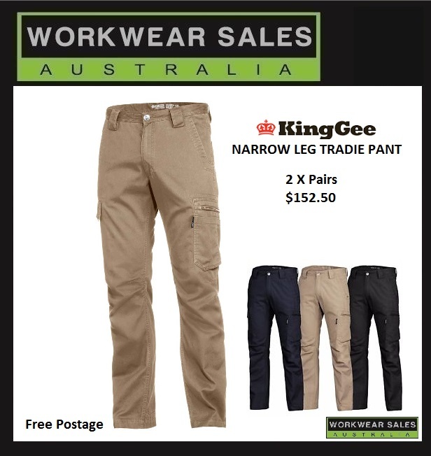 2 Pairs Mens King Gee Narrow Leg Tradie Pants Summer Navy, Khaki, Black