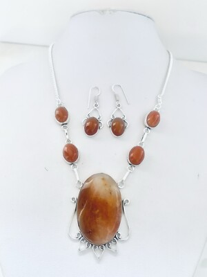 Carnelian & Silver Plated Necklace 46cm & Earrings 38.1mm SET Gemstone Jewellery