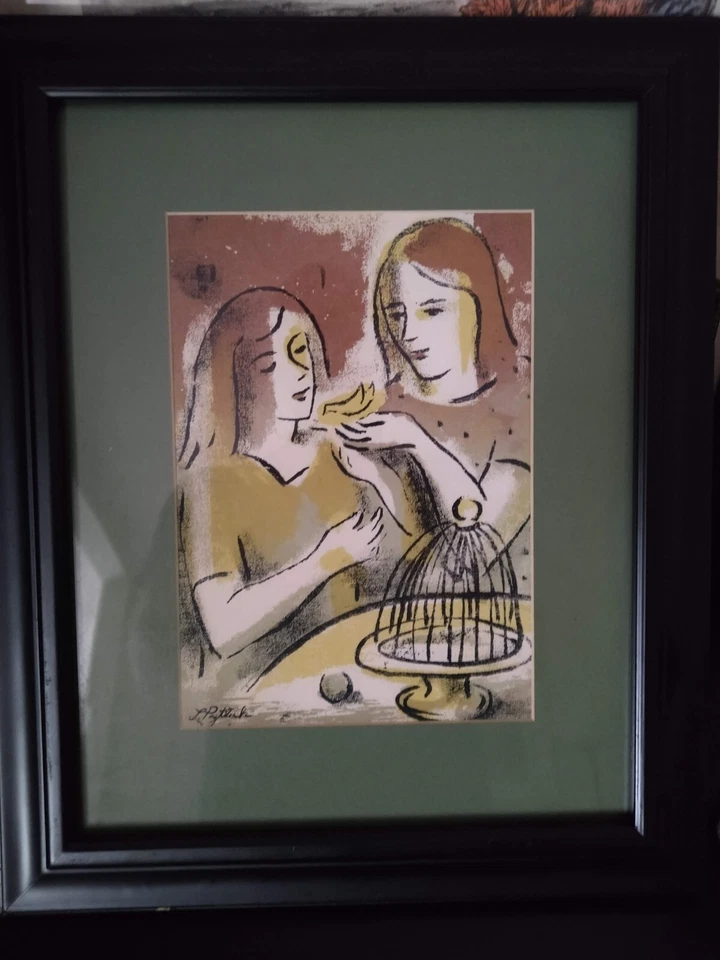 Serigrafía original firmada por Leonard Pytlak de colección - "Dos niñas y un canario" (1948) Foto 3 de 4