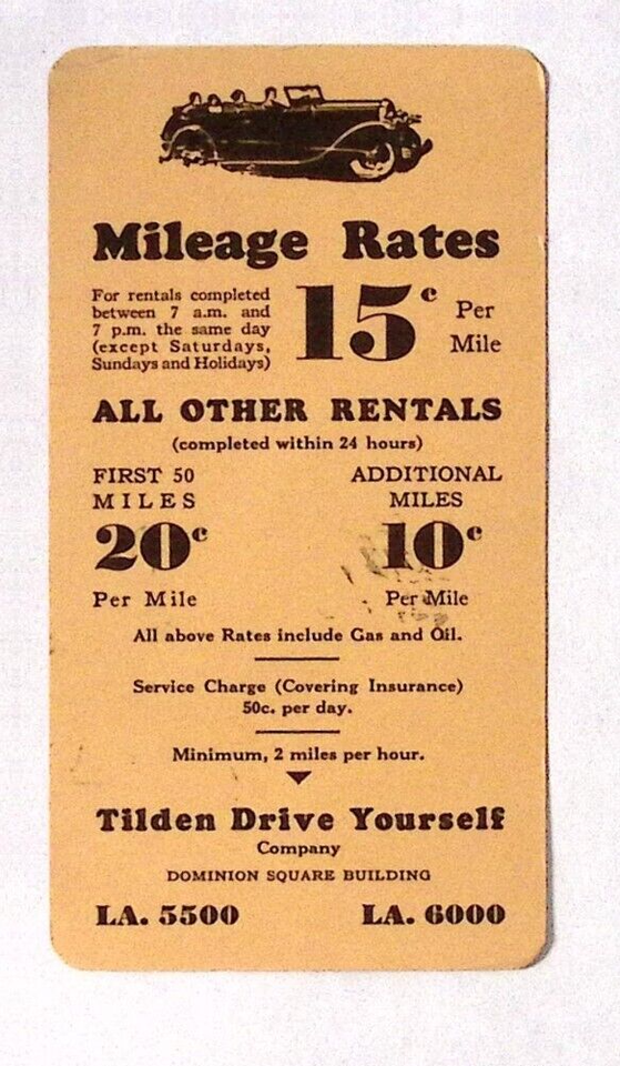 Vintage Tilden Drive Yourself Car Rental & Mileage Rate Card LOS