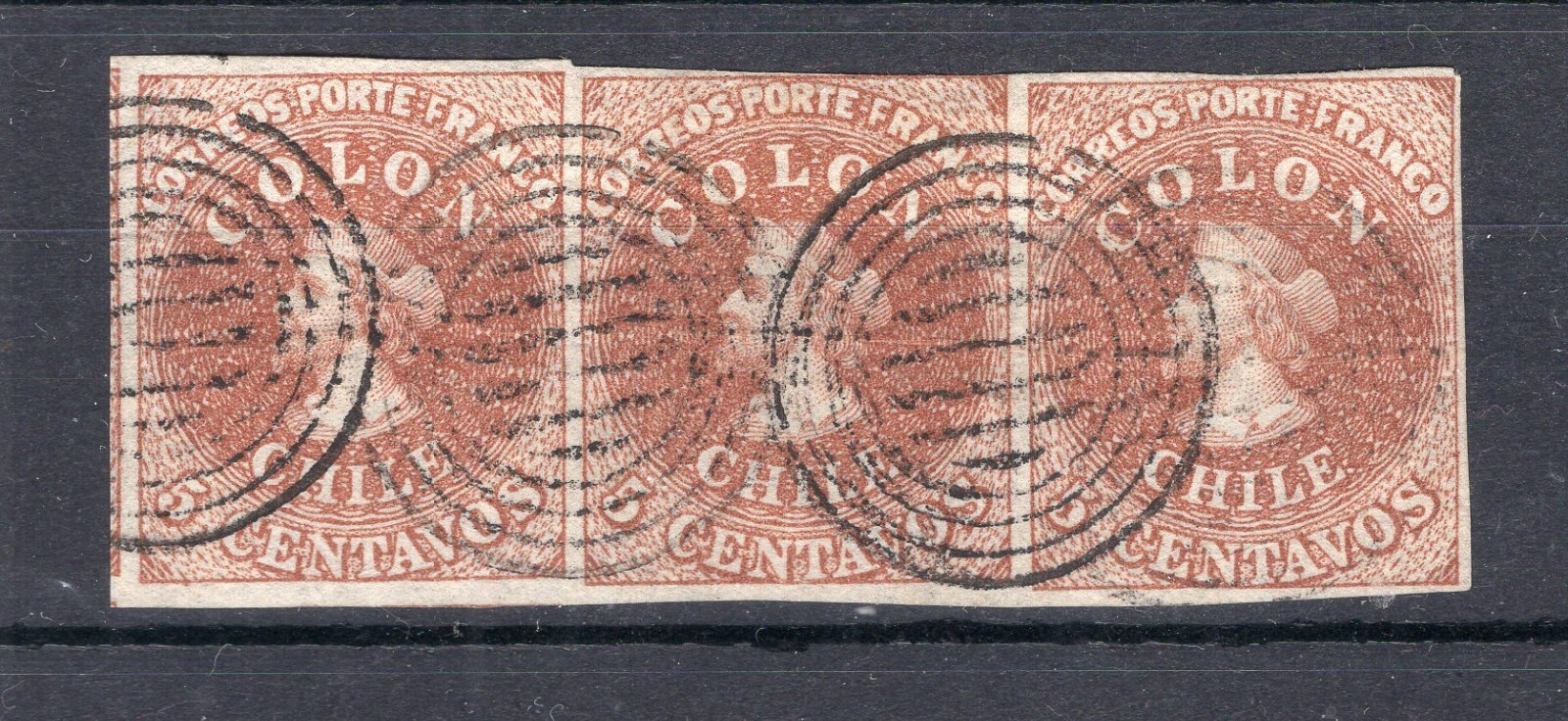 CHILE 1854 Gillet Lithograph SOFICH #5 NO flaws hidden great strip of 3 RARE L2