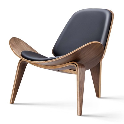 MidCentury Lounge Sessel mit Ottoman Schalensessel Schwarzes Leder Armlehnsessel