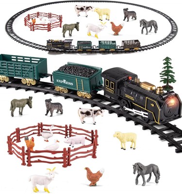 Farm Toy Train Set, Electric Steam Train Engine with Light & Sound, Include 1...