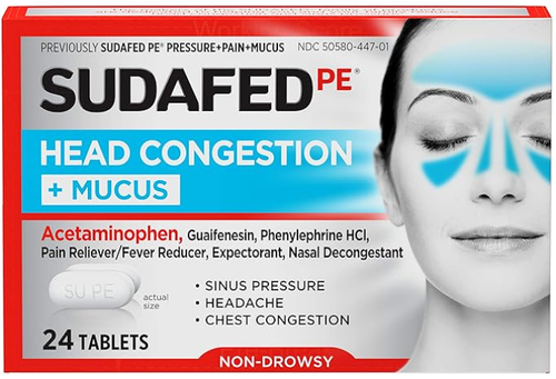 Sudafed PE Head Congestion + Mucus Tablets for Sinus Pressure, Pain & Congestion