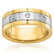 14K Solid Two Tone Gold Mens 3 Stone Diamond Wedding Ring