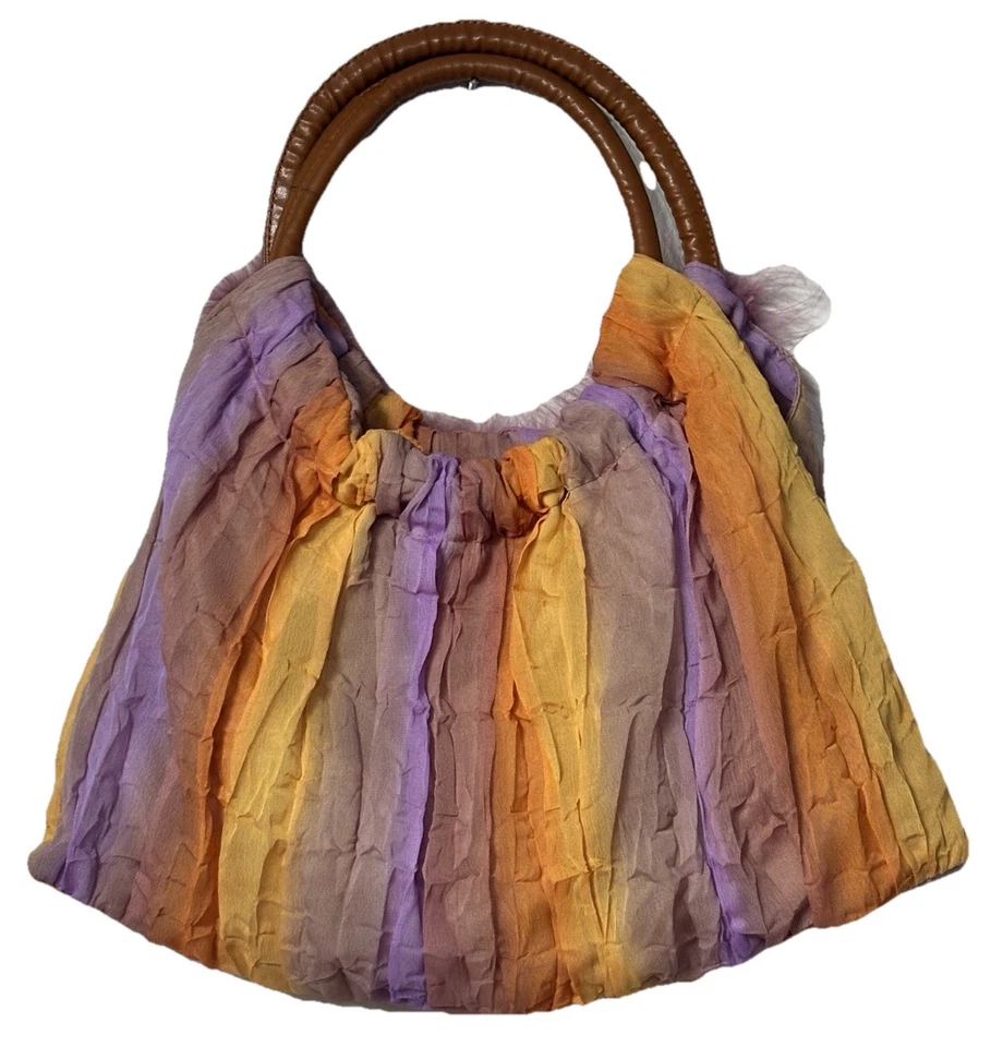 Bolso de mano vintage años 90 de Nueva York púrpura/naranja con ribete de plumas Foto 3 de 4