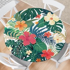 Eiuflka Round Fitted Tablecloth with Elastic Tropical Palm Leaves Outdoor Tab...