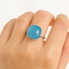 Natural Chalcedony Ring Solid 925 Sterling Silver Boho Statement Ring for Women