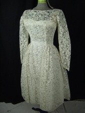 LORRIE DEB Vtg 60s White Floral Lace Tea Length Wedding Party Dress-Bust 34/2XS