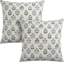 Floral Pillow Covers 18x18 Set of 2 Blue Green Block Print Throw Pillow Cases Vi